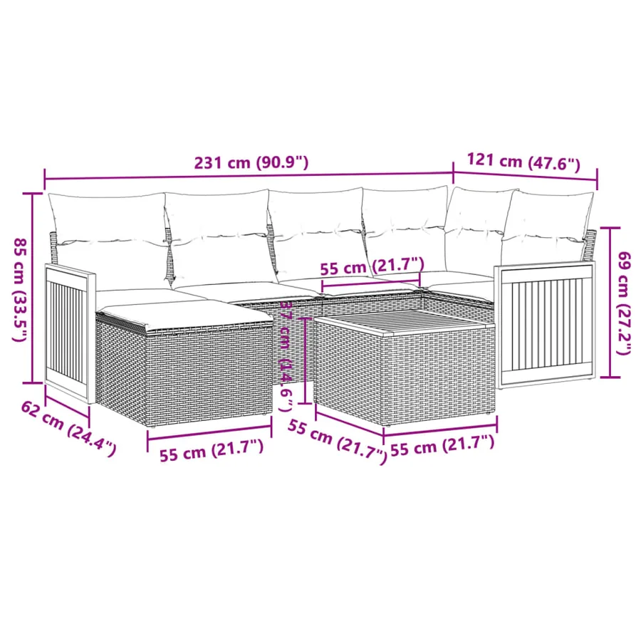 Salon de jardin 7 pcs avec coussins noir résine tressée 62 x 62 x 69 cm - 59,4 kg - 3