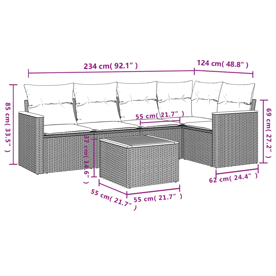 Salon de jardin 6 pcs avec coussins noir résine tressée - 3