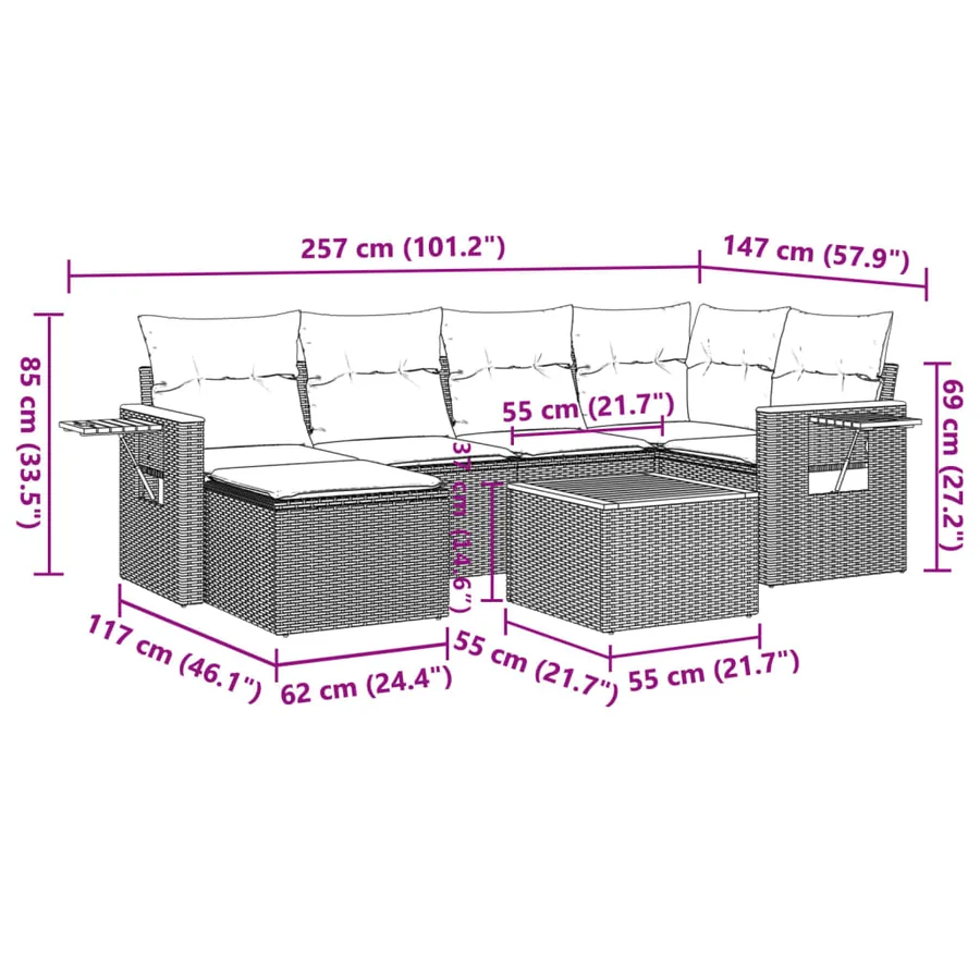 Salon de jardin 7 pcs avec coussins noir résine tressée 62 x 62 x 69 cm - 59,4 kg - 3
