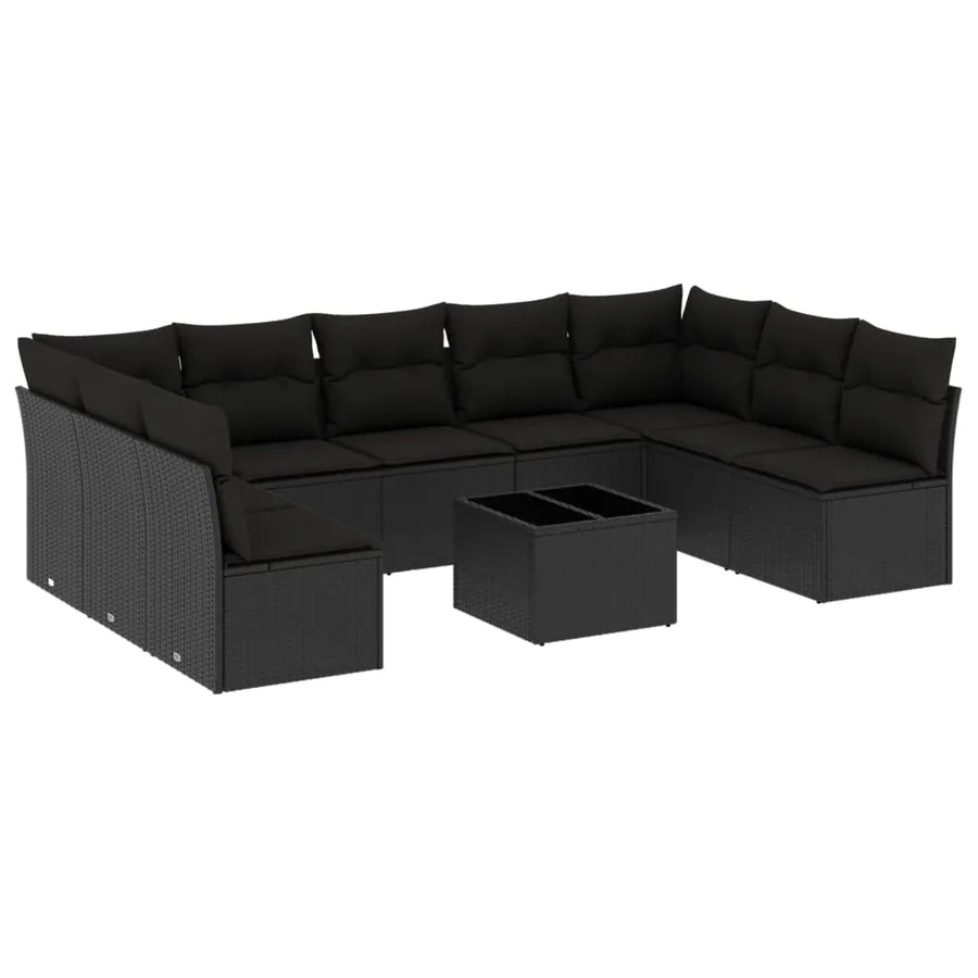 Salon de jardin 10 pcs avec coussins noir résine tressée - 2