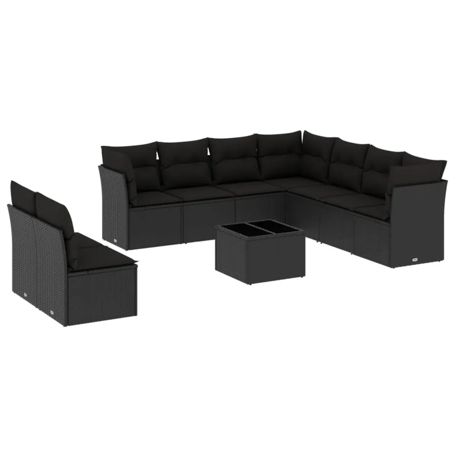 Salon de jardin 10 pcs avec coussins noir résine tressée - 2