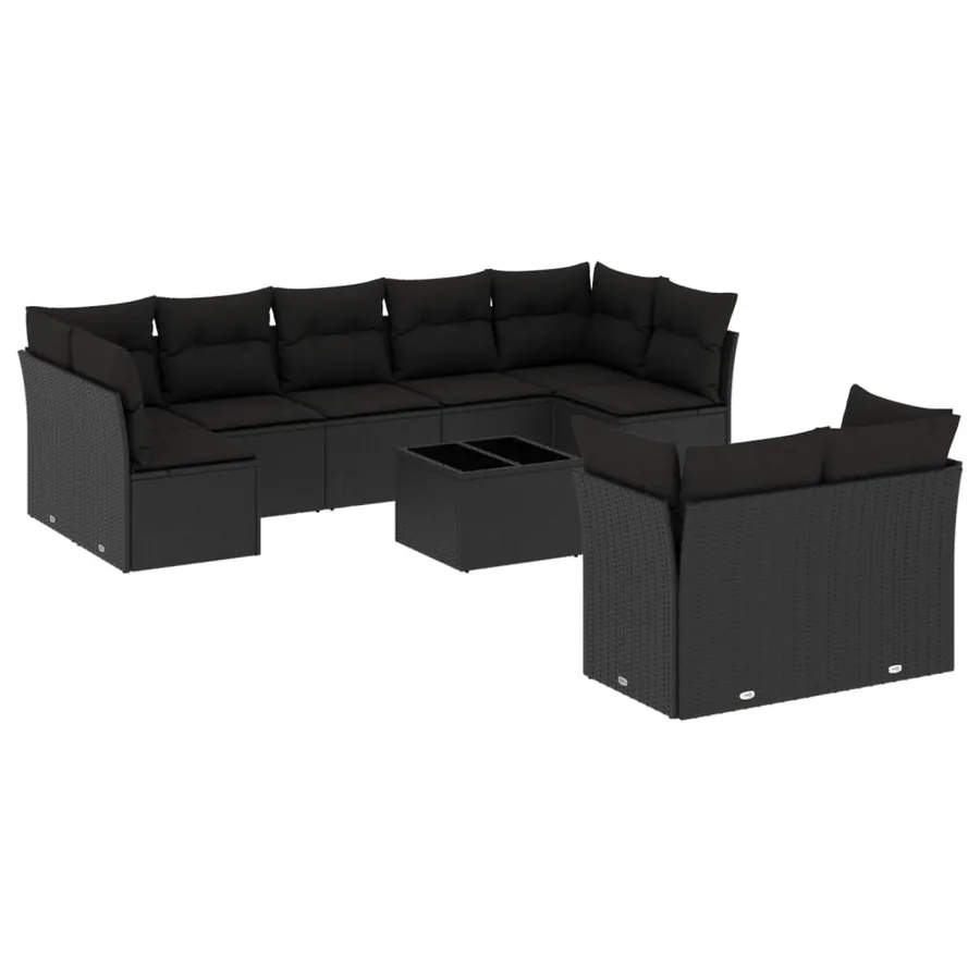 Salon de jardin 10 pcs avec coussins noir résine tressée - 2