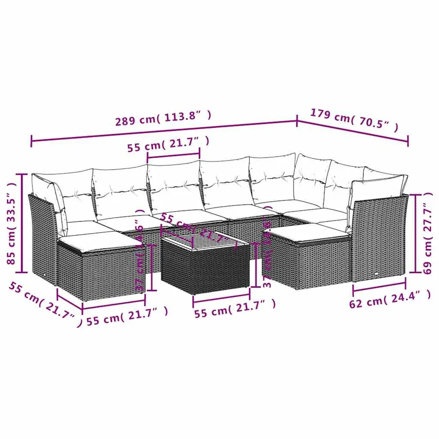 Salon de jardin 10 pcs avec coussins noir résine tressée - 11