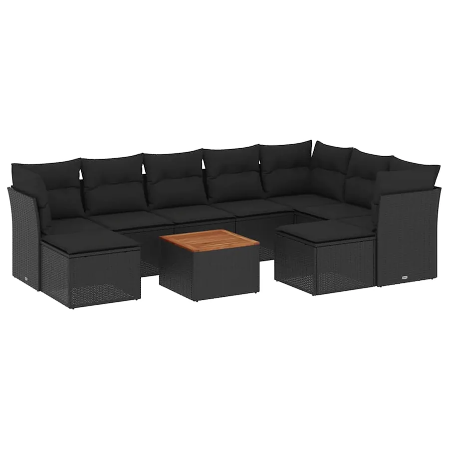 Salon de jardin 10 pcs avec coussins noir résine tressée - 2