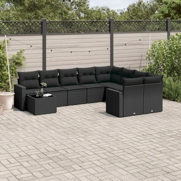 Salon de jardin 10 pcs avec coussins noir résine tressée