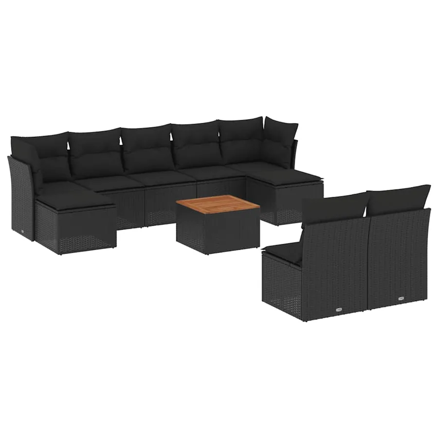 Salon de jardin 10 pcs avec coussins noir résine tressée - 2