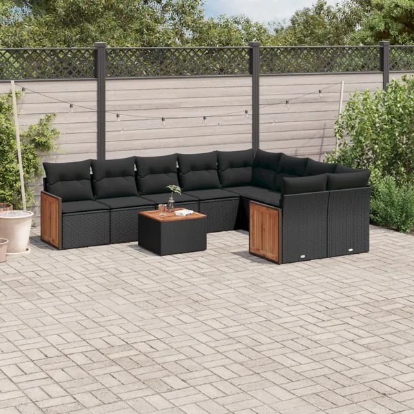Salon de jardin 10 pcs avec coussins noir résine tressée