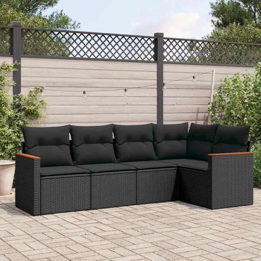 Salon de jardin 5 pcs avec coussins noir résine tressée