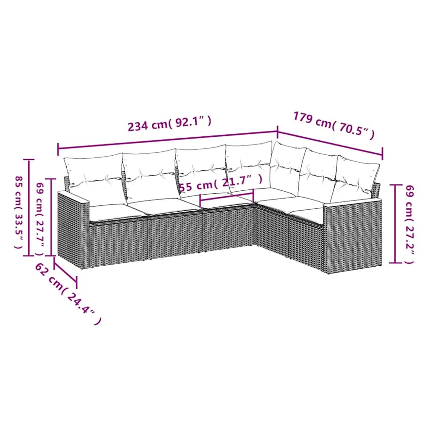 Salon de jardin 6 pcs avec coussins noir résine tressée - 3