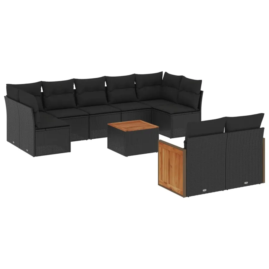 Salon de jardin 10 pcs avec coussins noir résine tressée - 2