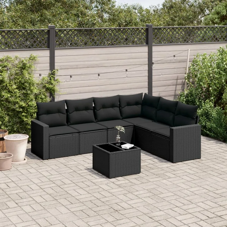 Salon de jardin 7 pcs avec coussins noir résine tressée 62 x 62 x 69 cm - 59,4 kg