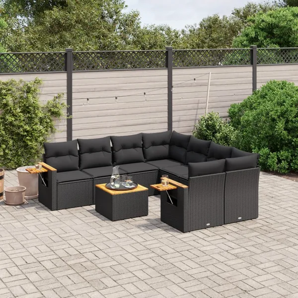 Salon de jardin 9 pcs avec coussins noir résine tressée