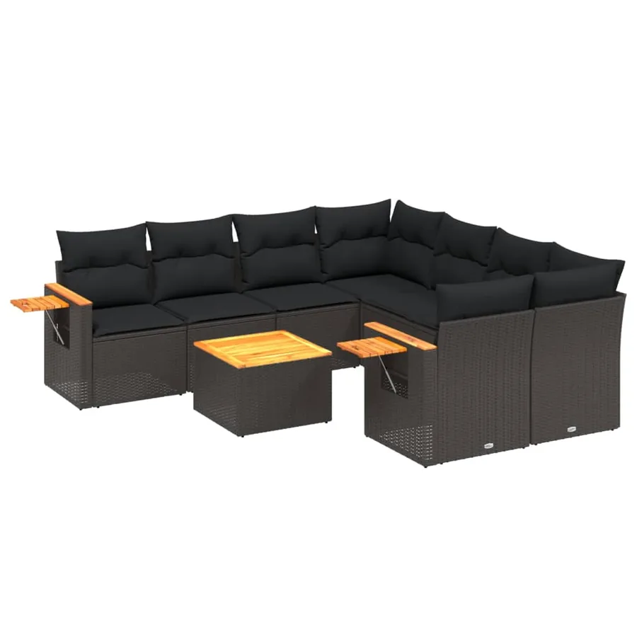 Salon de jardin 9 pcs avec coussins noir résine tressée - 2