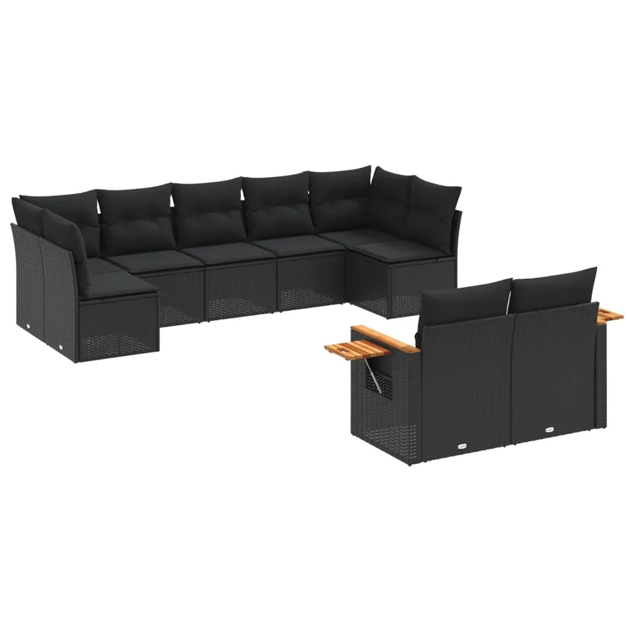 Salon de jardin 9 pcs avec coussins noir résine tressée - 2