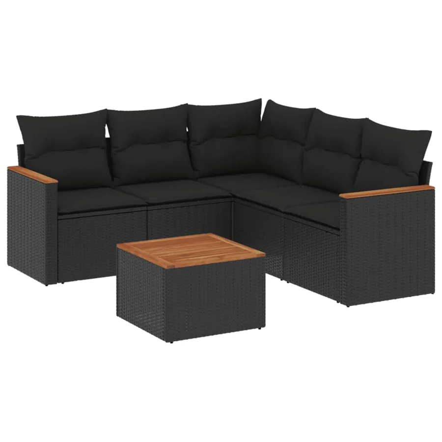Salon de jardin 6 pcs avec coussins noir résine tressée - 2