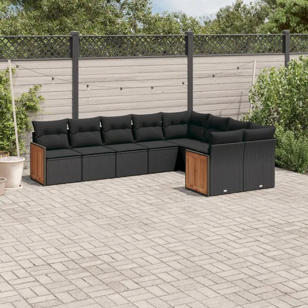 Salon de jardin 9 pcs avec coussins noir résine tressée