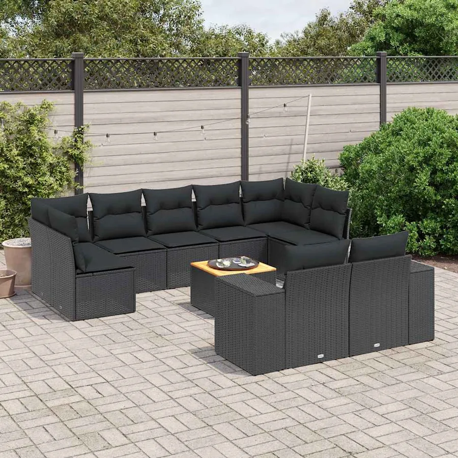 Salon de jardin 10 pcs avec coussins noir résine tressée