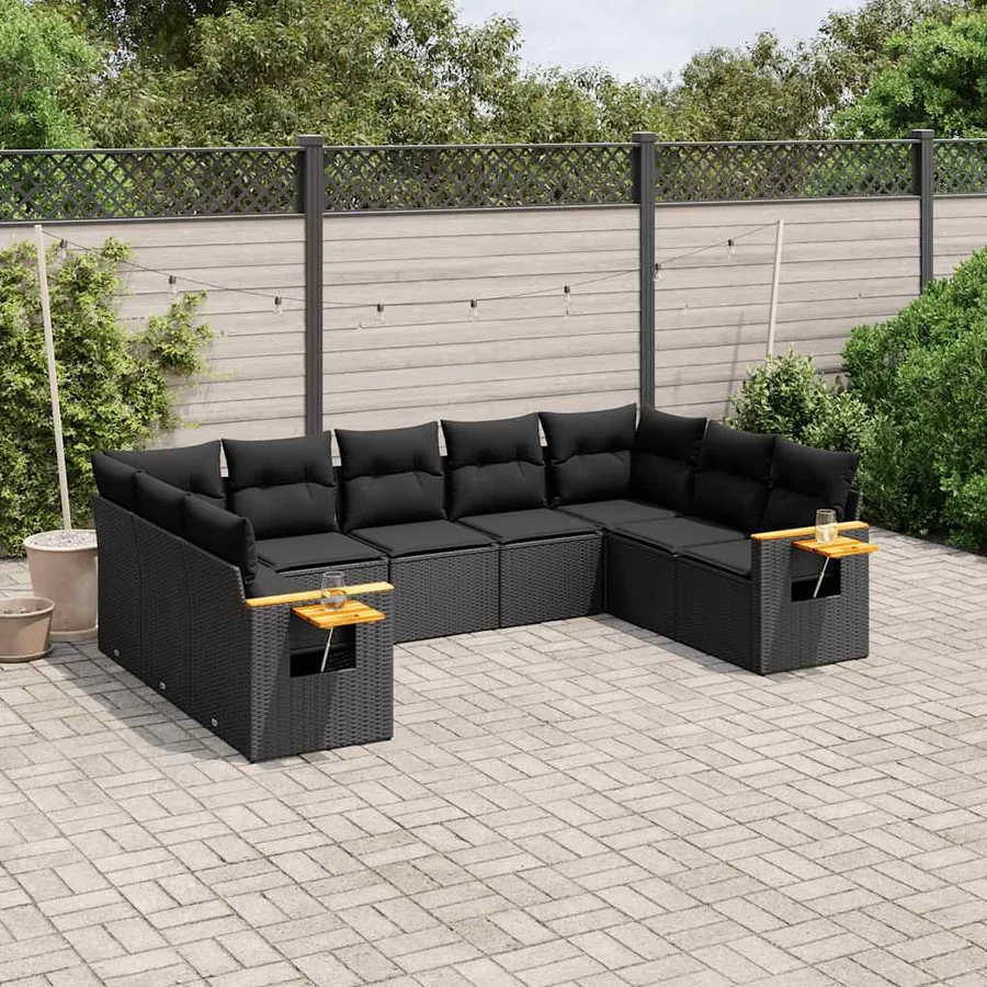 Salon de jardin 9 pcs avec coussins noir résine tressée