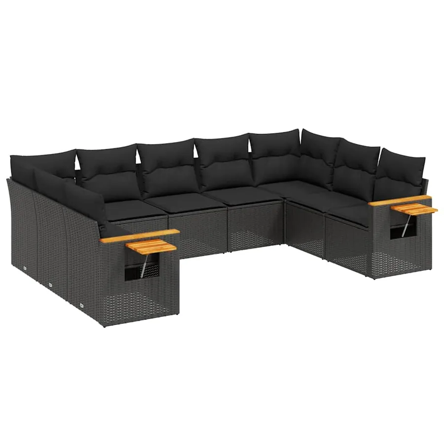 Salon de jardin 9 pcs avec coussins noir résine tressée - 2