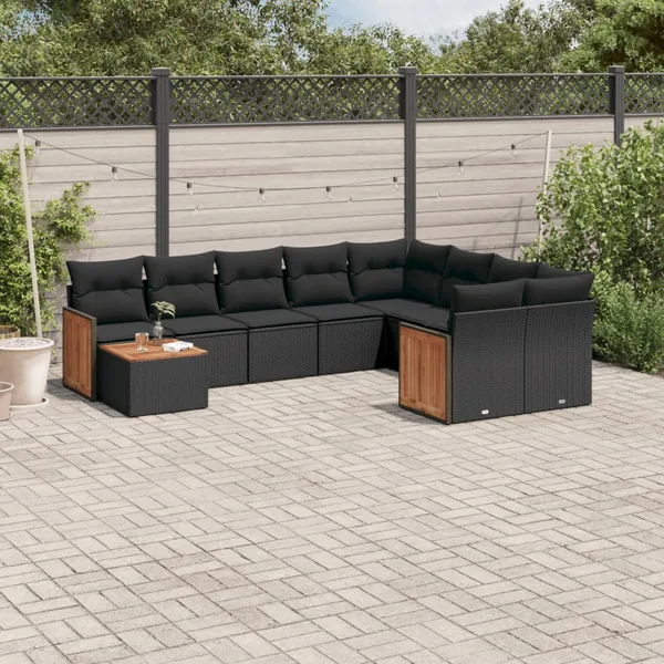 Salon de jardin 10 pcs avec coussins noir résine tressée