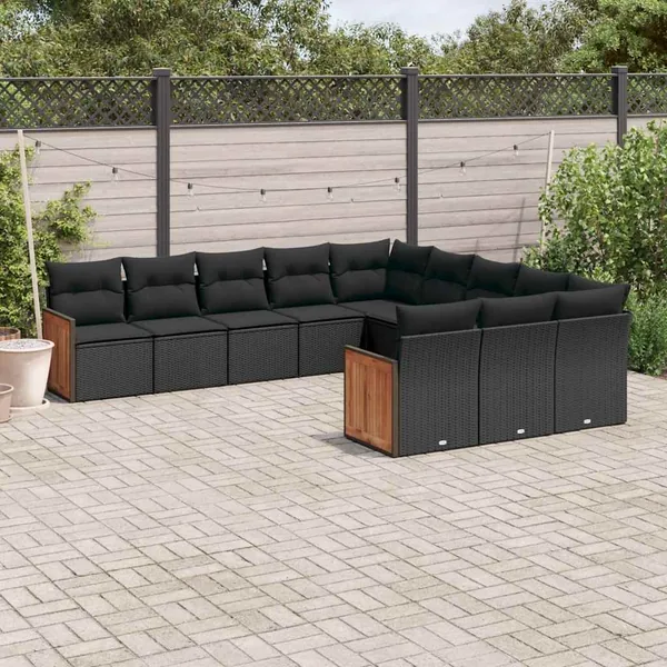 Salon de jardin 11 pcs avec coussins noir résine tressée