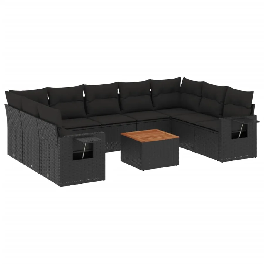 Salon de jardin 10 pcs avec coussins noir résine tressée - 2