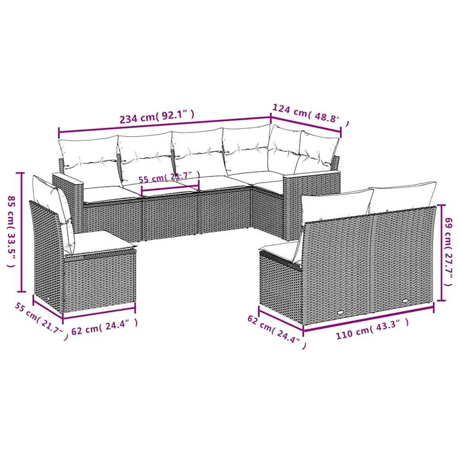 Salon de jardin 8 pcs avec coussins noir résine tressée - 3
