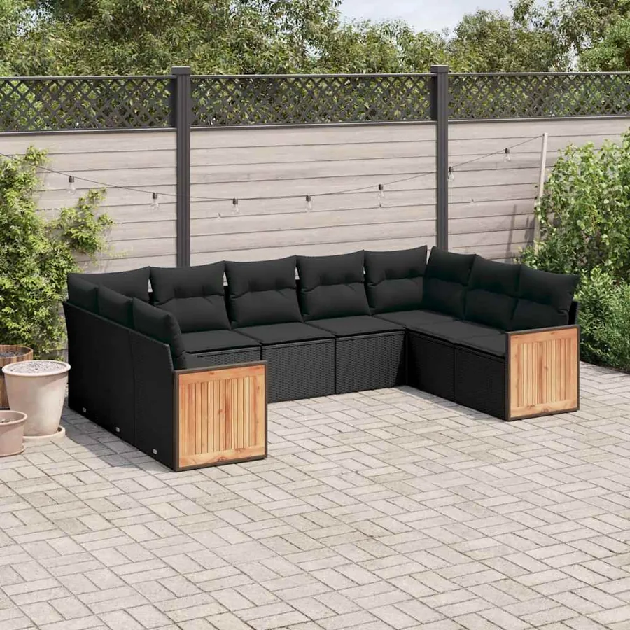 Salon de jardin 9 pcs avec coussins noir résine tressée