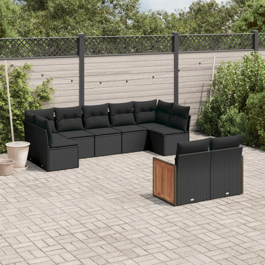 Salon de jardin 9 pcs avec coussins noir résine tressée