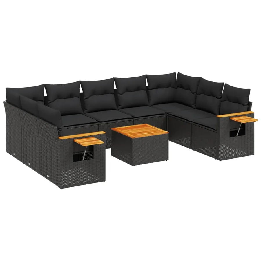 Salon de jardin 10 pcs avec coussins noir résine tressée - 2