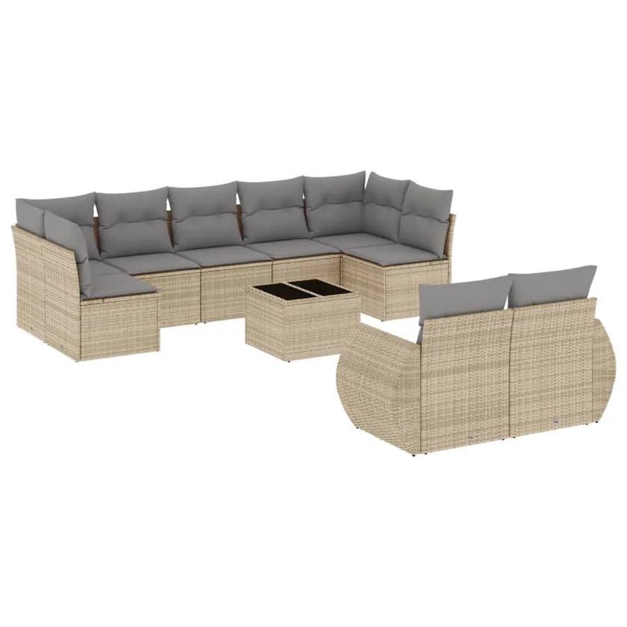 Salon de jardin avec coussins 10 pcs beige résine tressée - 2