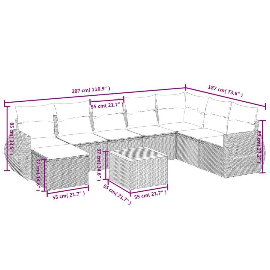 Salon de jardin avec coussins 9 pcs beige résine tressée - 9