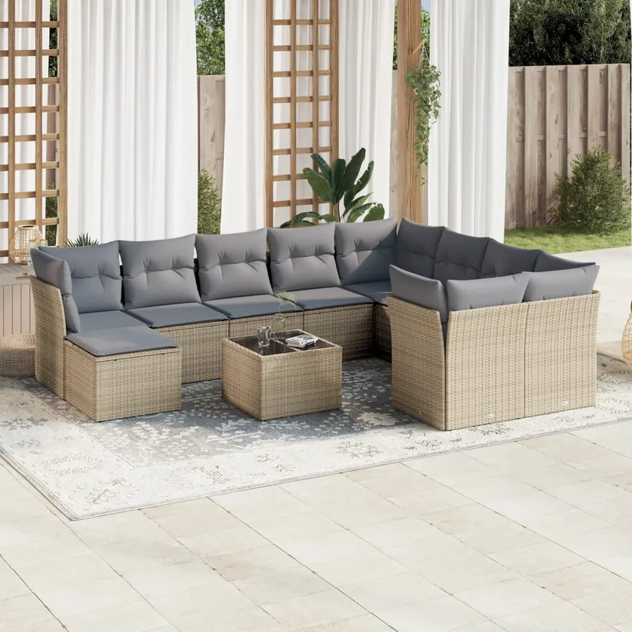 Salon de jardin 11 pcs avec coussins beige résine tressée