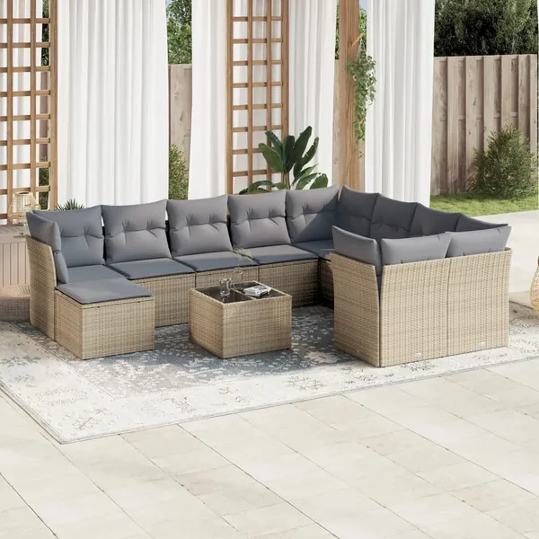 Salon de jardin 11 pcs avec coussins beige résine tressée