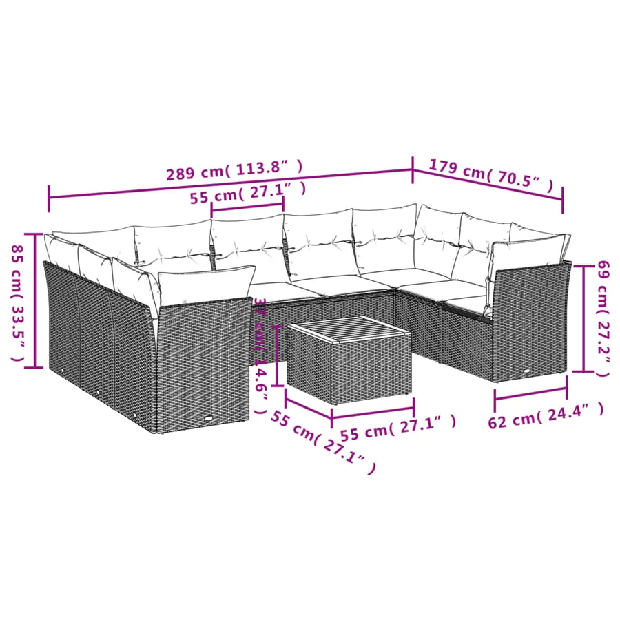 Salon de jardin et coussins 10 pcs mélange beige résine tressée - 10
