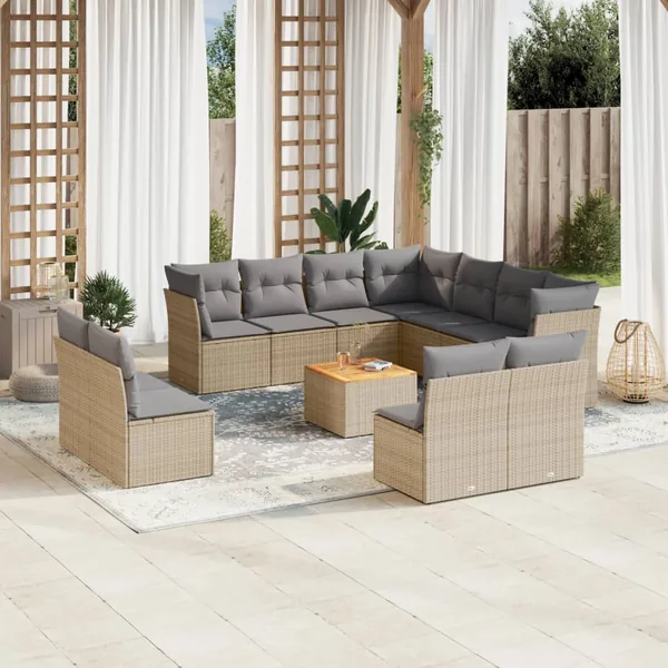Salon de jardin et coussins 12 pcs mélange beige résine tressée