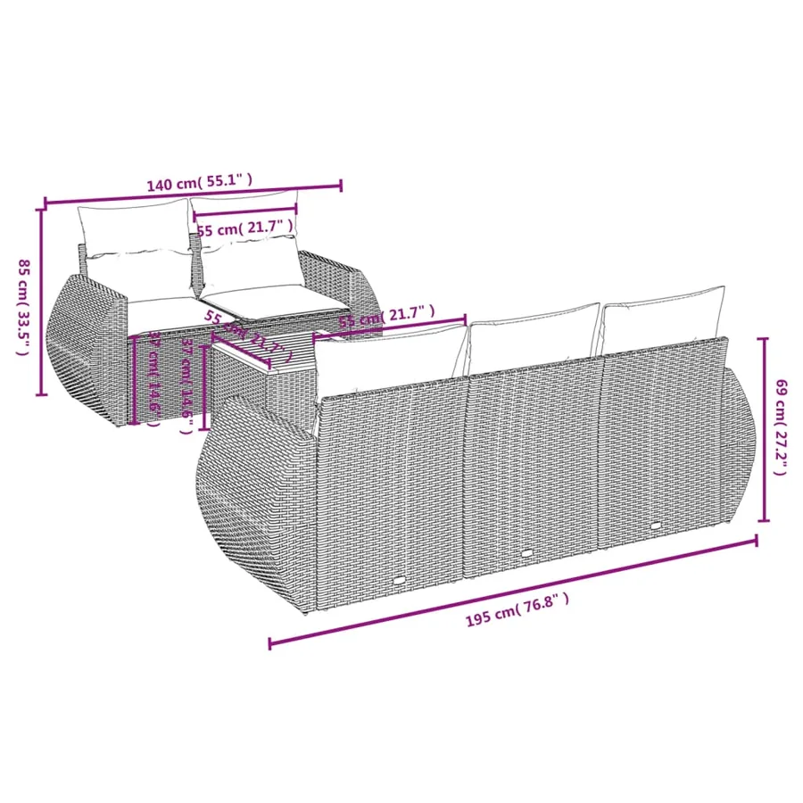 Salon de jardin 6 pcs avec coussins gris résine tressée - 3