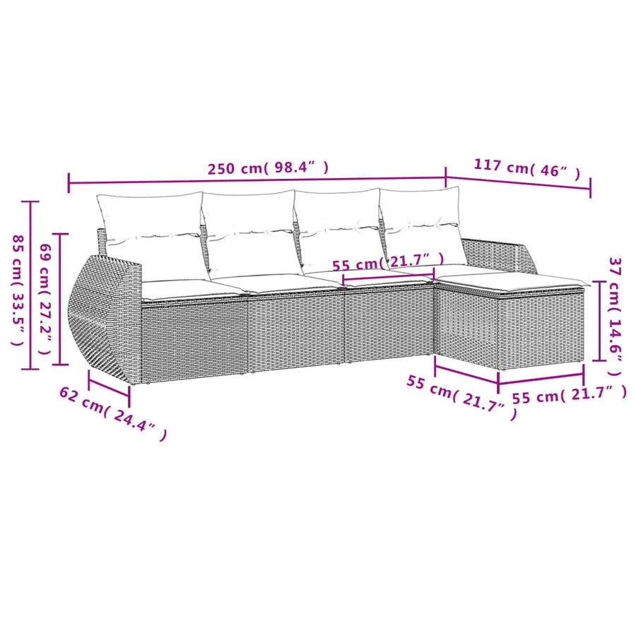 Salon de jardin 5 pcs avec coussins gris résine tressée - 3