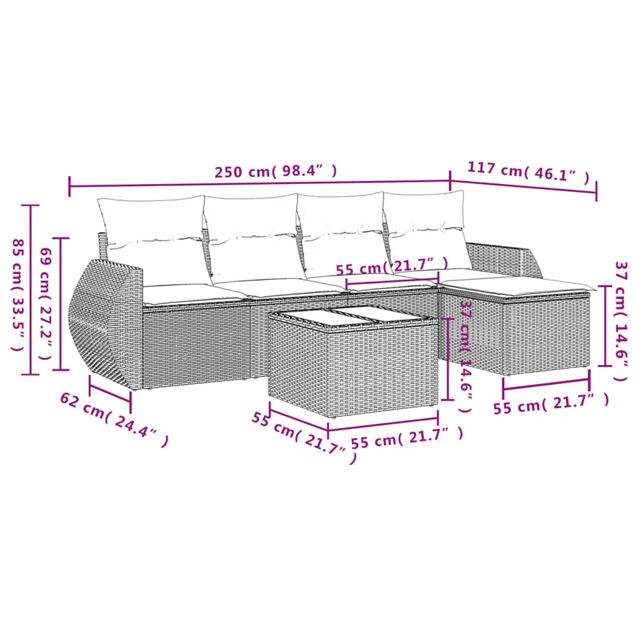 Salon de jardin 6 pcs avec coussins noir résine tressée - 8