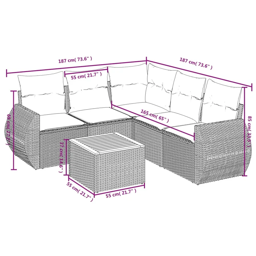 Salon de jardin 6 pcs avec coussins noir résine tressée - 8