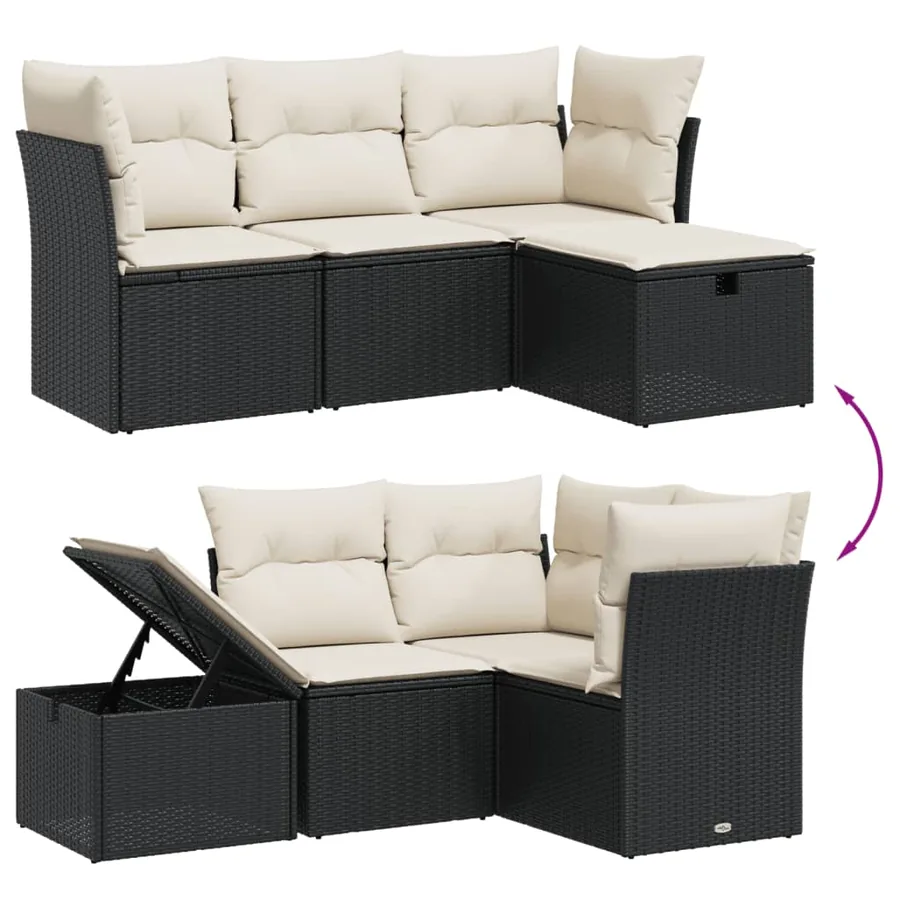 Salon de jardin 4 pcs avec coussins noir résine tressée - 3
