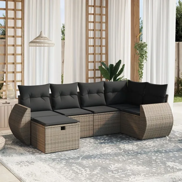 Salon de jardin 6 pcs avec coussins gris résine tressée