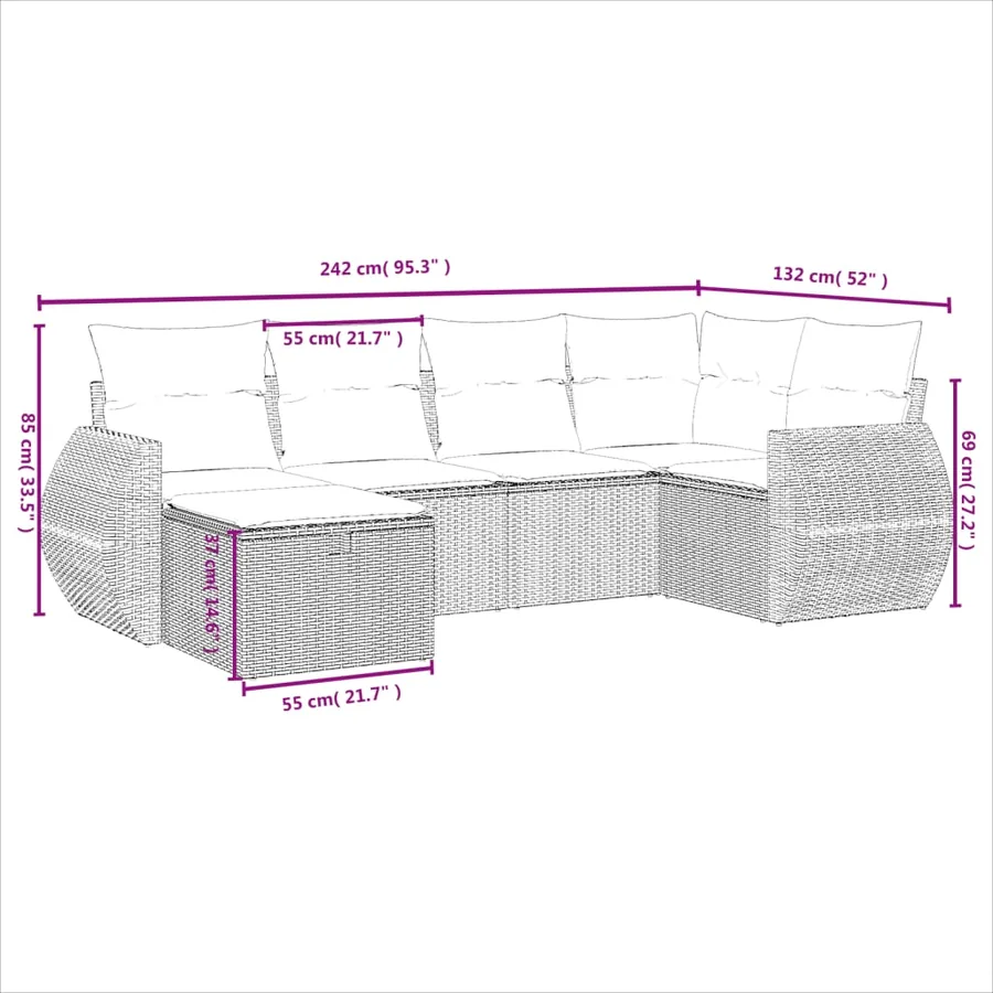 Salon de jardin 6 pcs avec coussins gris résine tressée - 4