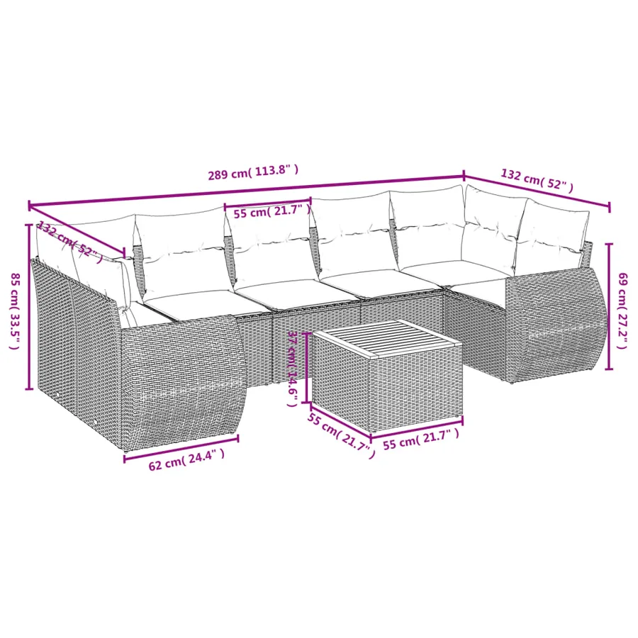 Salon de jardin 8 pcs avec coussins gris résine tressée - 8