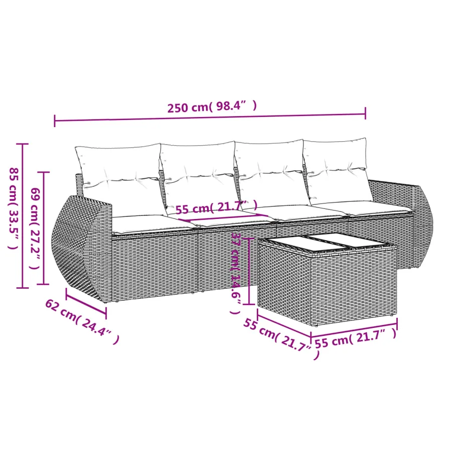 Salon de jardin 5 pcs avec coussins gris résine tressée - 3