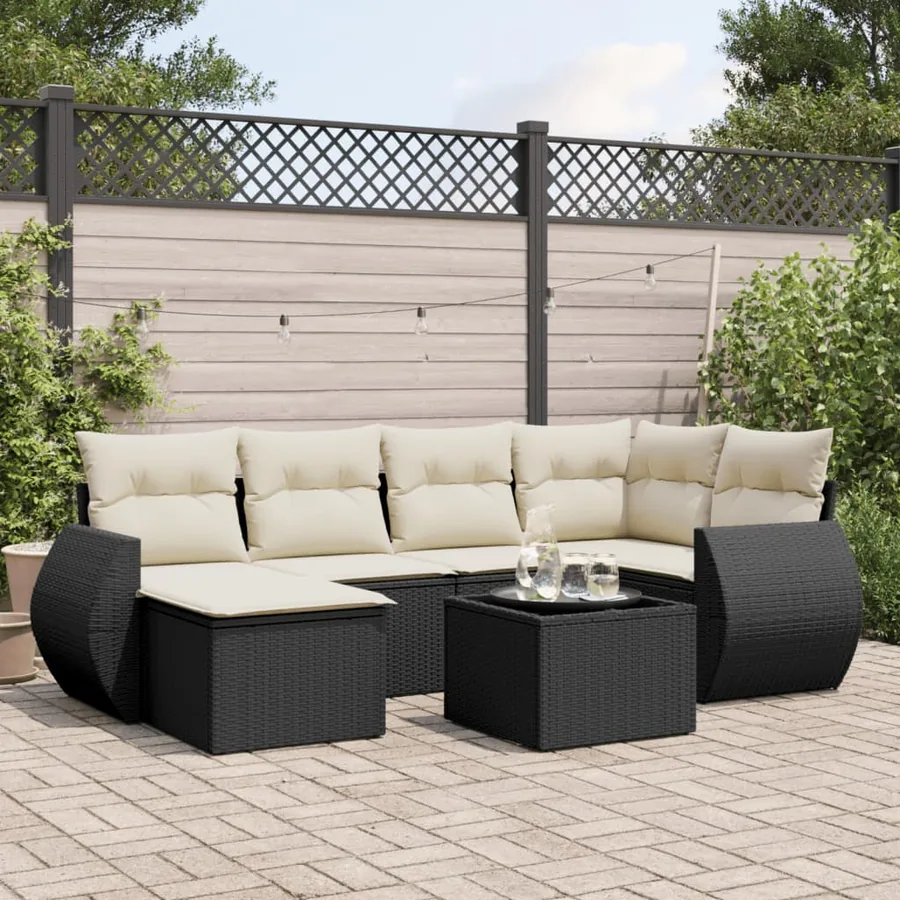 Salon de jardin 7 pcs avec coussins noir résine tressée 71 x 62 x 69 cm - 58,2 kg