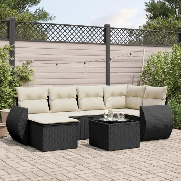 Salon de jardin 7 pcs avec coussins noir résine tressée 71 x 62 x 69 cm - 58,2 kg