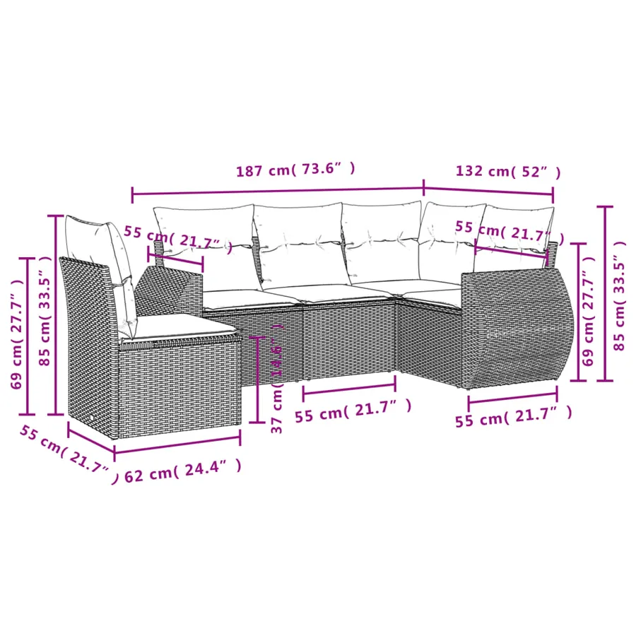 Salon de jardin 5 pcs avec coussins noir résine tressée - 3