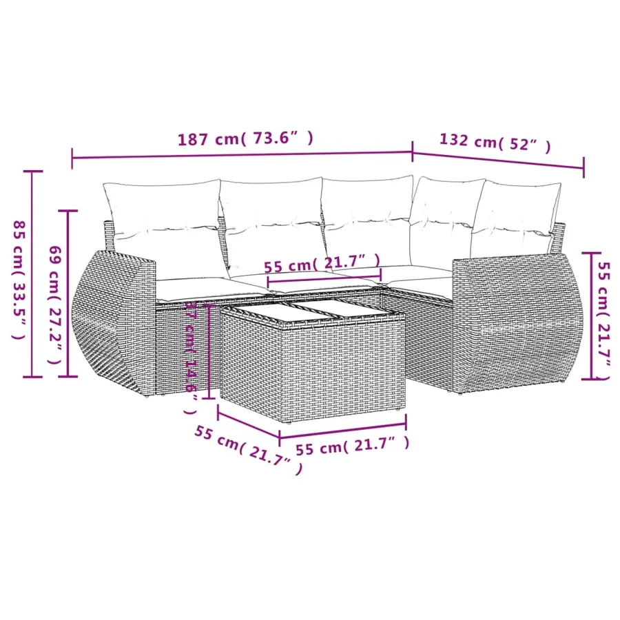 Salon de jardin 5 pcs avec coussins gris résine tressée - 8