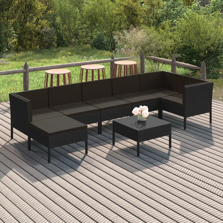 Salon de jardin 8 pcs avec coussins résine tressée noir